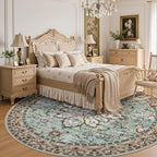 Round Area Rug for Living Room: 4ft Boho Washable Rug Brown Green | Vintage - Image 4