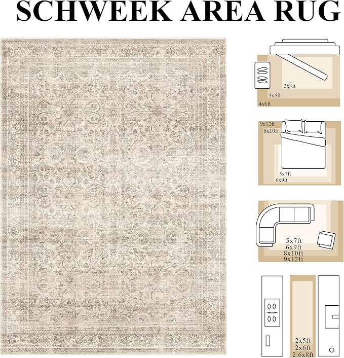 Schweek 5x7 Washable Area Rug Vintage Neutral Beige Rugs - Image 2