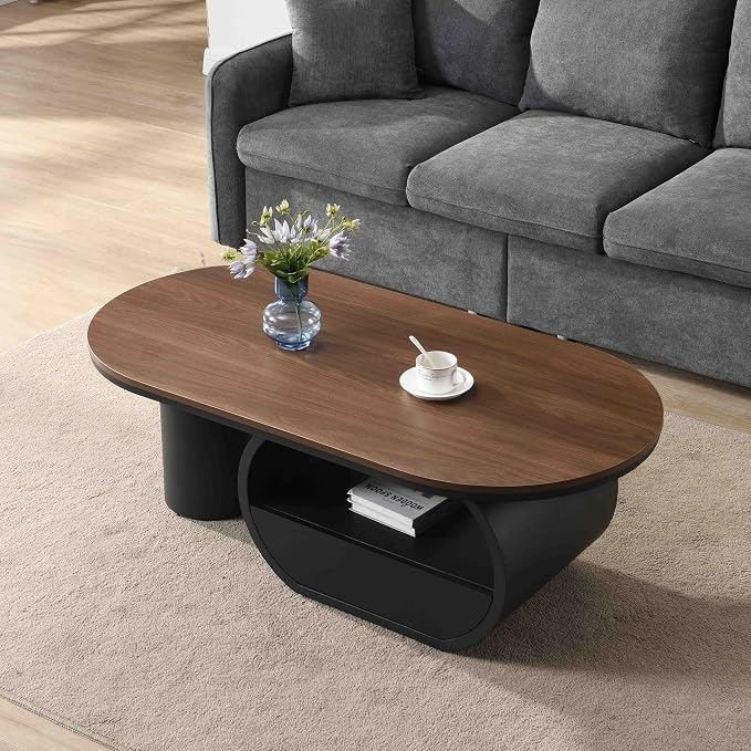 Modern Oval Coffee Table, 47.24" Brown Wood Top Coffee Table - Image 3