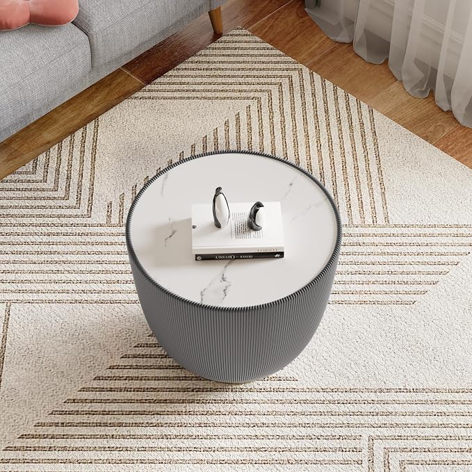 Henf Marble Round Side Table, 19.7" Fluted End Table - Image 3