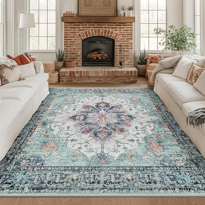 RELEANY Washable Area Rug, Square 8'x8', Teal Green/White/Navy | Non-Slip by RELEANY