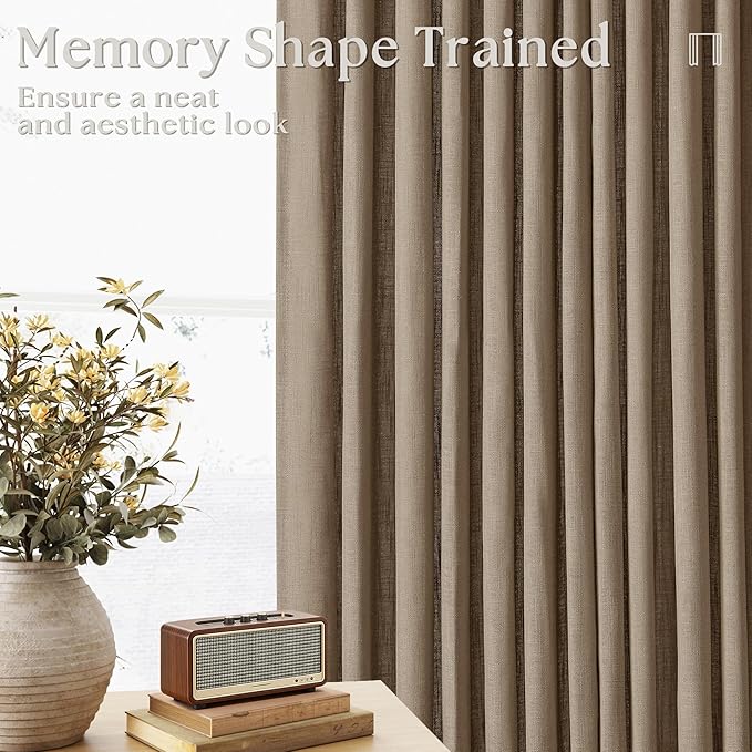 100 Inch Linen Blend Light Brown Memory Shape Pleated Curtains 2 Panels | - Image 4