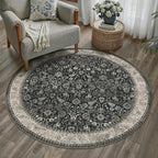 5ft Round Black Beige Vintage Floral Washable Rug by HUGEAR