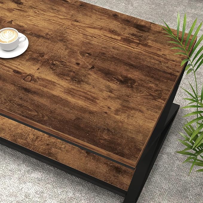 HSH Wood Coffee Table with Storage, Farmhouse Rustic Brown Coffee Table - Image 5