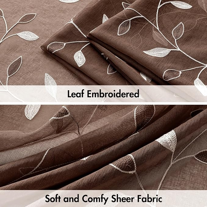 MIULEE Chocolate Brown Sheer Curtains 2 Panels Leaf Patterned, W52 x L96 | - Image 4