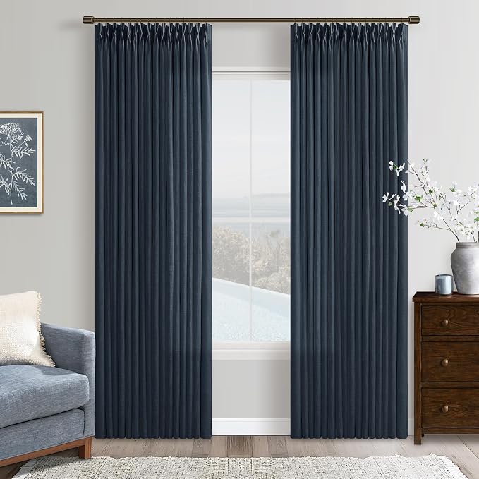 Blue Linen Pleated Light Filtering Sheer Curtains by Twodrapes