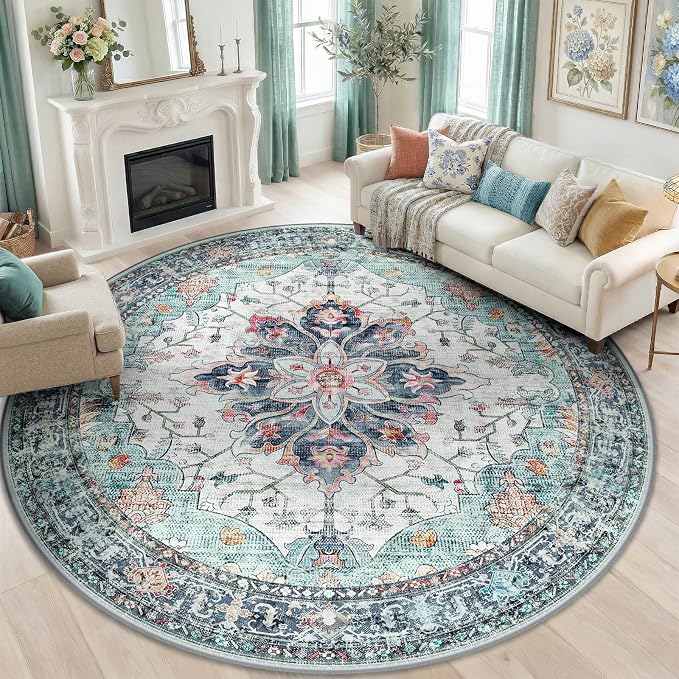 RELEANY Washable Area Rug, Round 8ft, Teal Green/White/Navy | Non-Slip by RELEANY