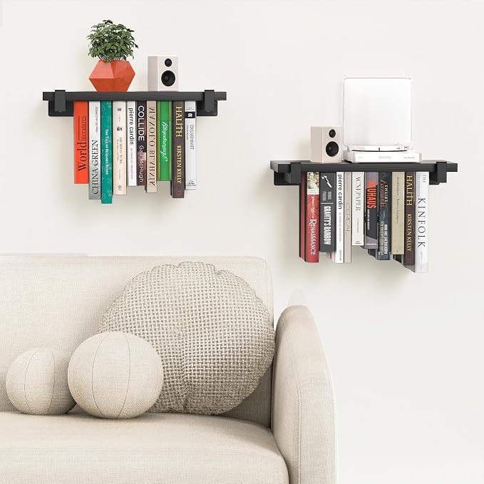 NANATI 2 Set of Floating Bookshelf, Pine Wood Invisible Bookshelf, Hanging - Image 2