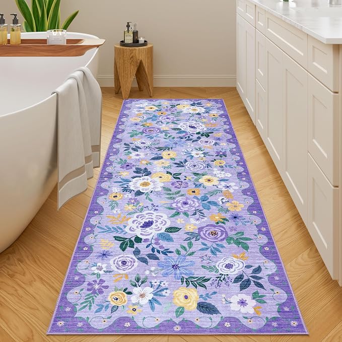 DUKINO 2x10 Runner Rug, Floral Washable Kitchen Runner Rug Non Slip, Low Pile - Image 3