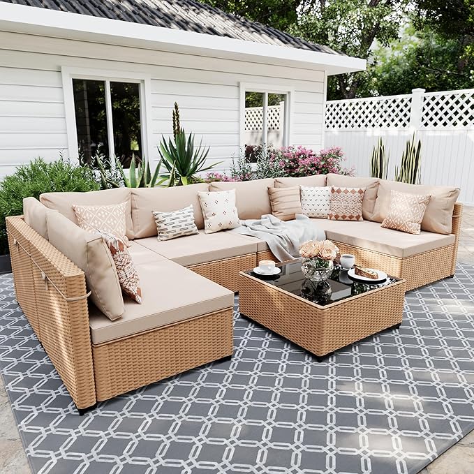 UPHA 7 Pieces Patio Furniture Sets, Wicker Outdoor Sectional Sofa Couch by UPHA