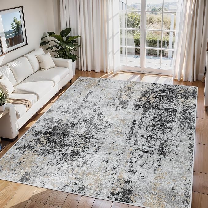 6x9 Area Rugs for Living Room Washable Bedroom Dining Room Black Grey Gold | by Aelenmu
