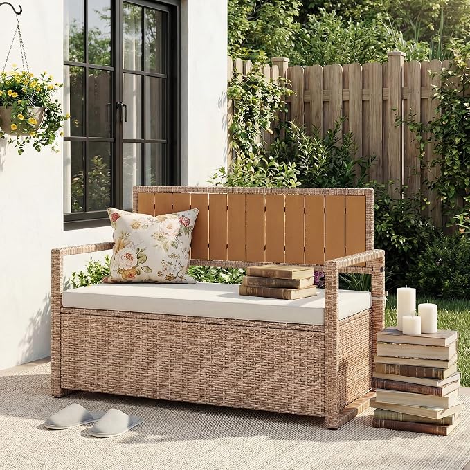 Outdoor Storage Bench with Cushion, Hand-Woven Yellow Wicker Deck Box with - Image 6