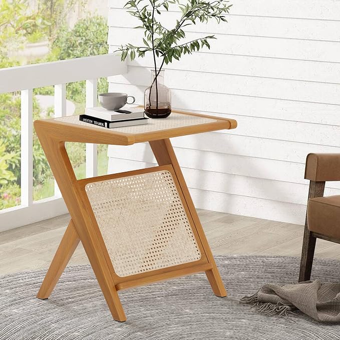 Aklaus Rattan Side Table Boho Small end Table mid Century Living Room Wooden - Image 5