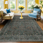 Washable Vintage 5x8 Living Room Rug, Dark Green Floral Area Rug - Image 9