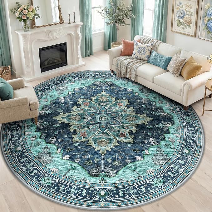 RELEANY Washable Area Rug, Round 8ft, Teal | Non-Slip, Water Repellent by RELEANY