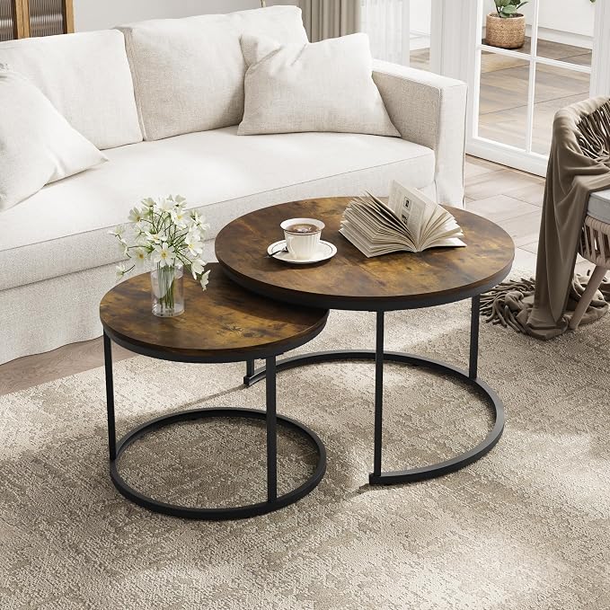 Smuxee Rustic Nesting Coffee Table Set of 2, 27.6" Round Coffee Table Wooden by Smuxee