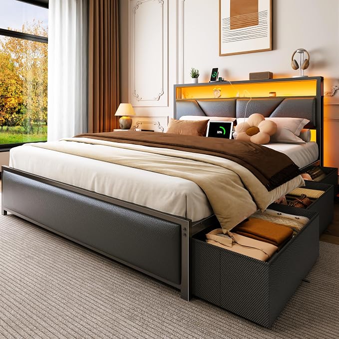 OURPIC Queen Bed Frame, 2-Tier Storage Headboard & 6 Fabric Drawers, PU Leather by OURPIC