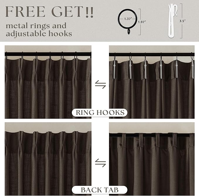 Dark Chocolate 90 Inch Pinch Pleated Semi Sheer Linen Curtains 2 Panels | - Image 5
