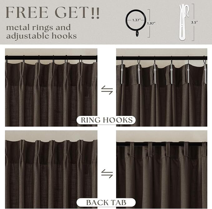Dark Chocolate 80 Inch Pinch Pleated Semi Sheer Linen Curtains 2 Panels | - Image 5