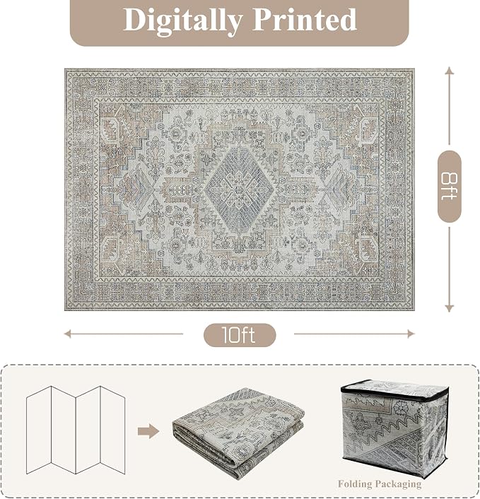 6x9 Washable Area Rugs for Living Room, Dining Room- Retro Taupe | Ultra Soft - Image 2