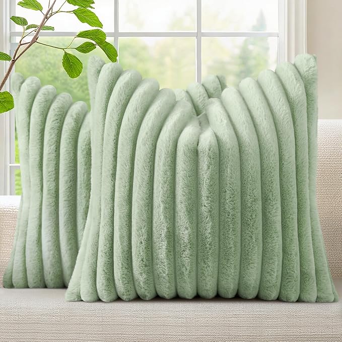 decorUhome Fall Faux Fur Throw Pillow Covers 22x22 Set of 2 Sage Green | by decorUhome