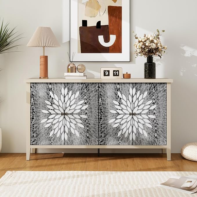 58'' Large Sideboard Buffet Kitchen Storage Cabinet, 4 Door Carved Modern - Image 6