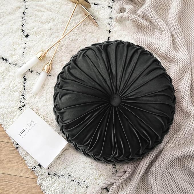 HIG Set of 2 Black Velvet Decorative Round Pleated Throw Pillows | Vintage - Image 5
