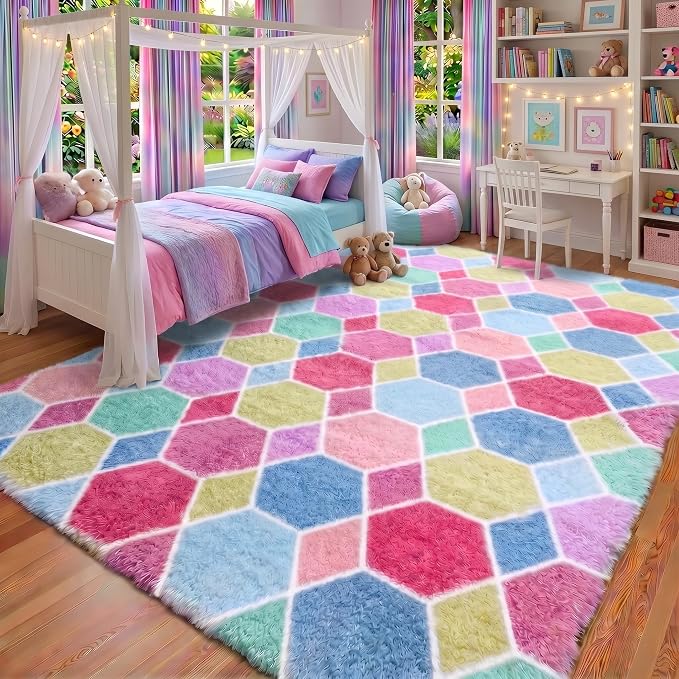 Checkered 6x9 Area Rugs for Living Room, Fluffy Pink Rainbow Girls Rug | Soft by ONASAR