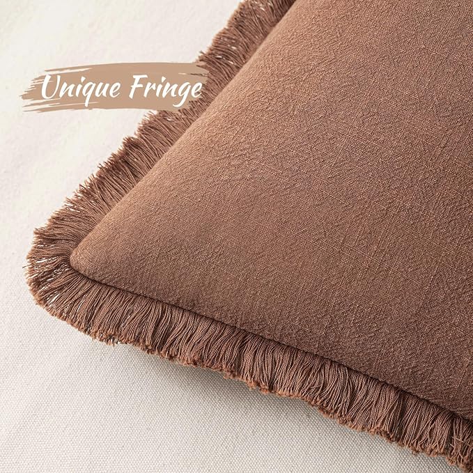 MIULEE Boho Linen Fringe Decorative Fall Throw Pillow Covers Brick 20x20 | Set - Image 2