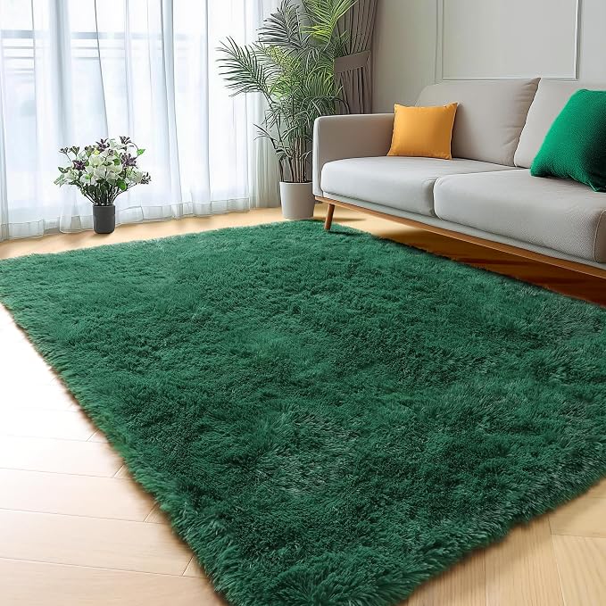 Dark Green Area Rugs for Bedroom Living Room, 4x6 Fluffy Soft Plush Shaggy by ONASAR