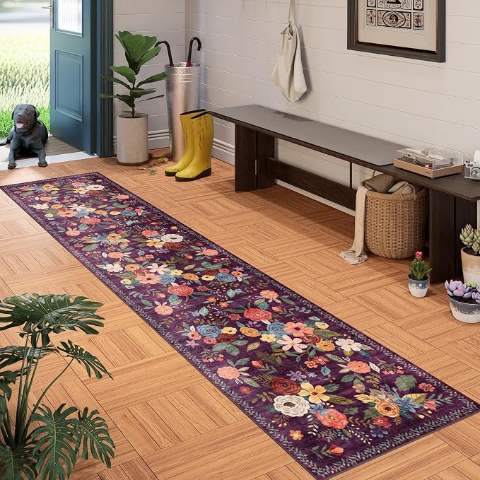 Purple Floral Hallway Runner Rug 2x10 - Image 2