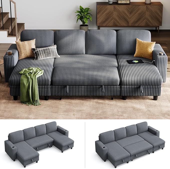 LINSY HOME Sectional Sofa with Pull Out Bed, 4 Seats Corduroy Reversible by LINSYHOME