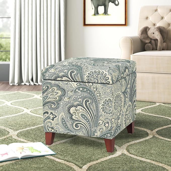 Adeco 18" Cube Storage Ottoman in Blue Paisley, Upholstered Linen Foot Stool & - Image 6