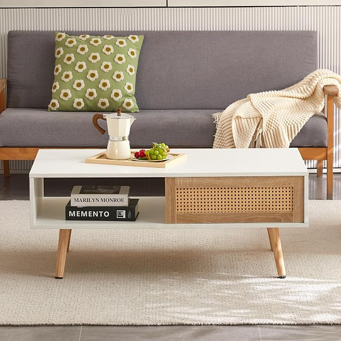 Boho Coffee Table for Living Room, 41.3" Rattan Coffee Table by YOUGUO
