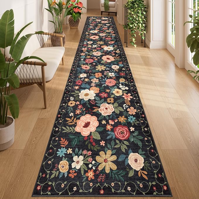DUKINO 2.6x14 Washable Runner Rug, Floral Non Slip Long Runner Rug, Low Pile by DUKINO