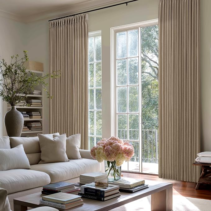 96 Inches Pleated Linen Tan Latte Memory Train Semi Sheer Curtains 2 Panels | - Image 9