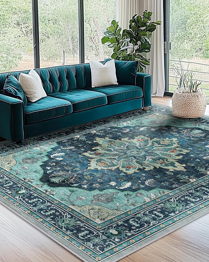 RELEANY Washable Area Rug, Teal | Non-Slip, Water Repellent, Pet Friendly by RELEANY