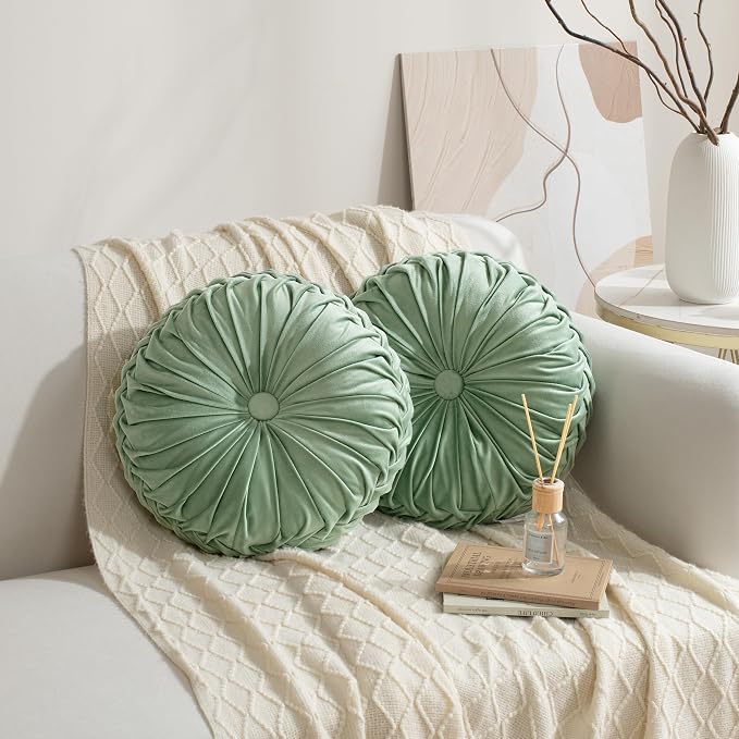 HIG Set of 2 Sage Velvet Decorative Round Pleated Throw Pillows | Vintage Floor - Image 2
