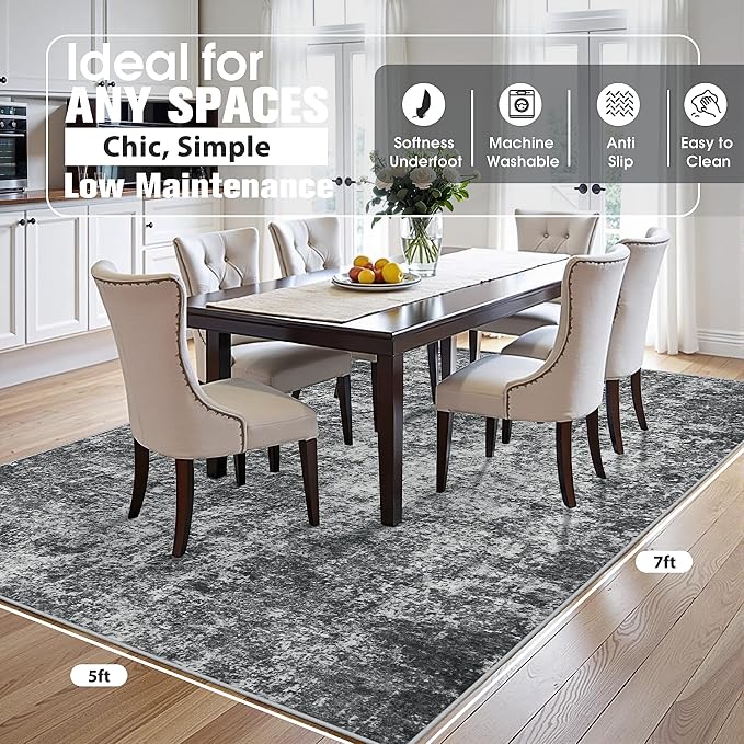 5x7 Area Rugs for Living Room Washable Bedroom Dining Room Black Grey | Modern - Image 2