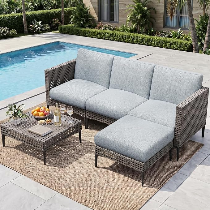 Jocoevol 5 Pieces Outdoor Patio Conversation Set – Rattan L-Shaped Corner Sofa by JOCOEVOL