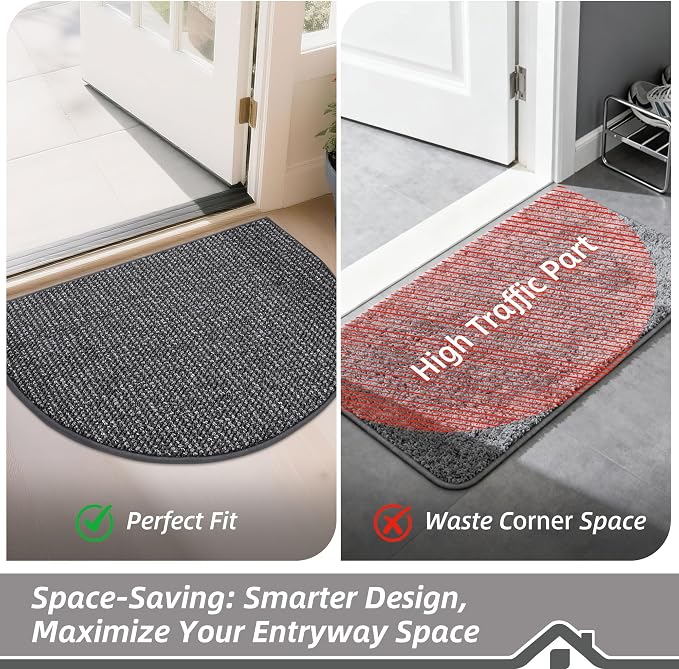 BEQHAUSE Dirt Trapper Door Mat 17" x 30" Half Circle Non Slip, Charcoal | - Image 6