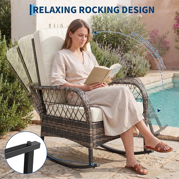 GarveeHome 3-Piece Outdoor Rocking Chair Set, Wicker Rattan Patio Furniture - Image 3