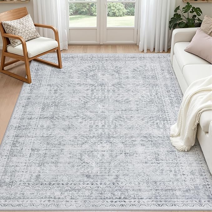 5x7 Area Rugs Living Room: Bedroom Neutral Washable Carpet Gray | Vintage Boho by Luxturiy