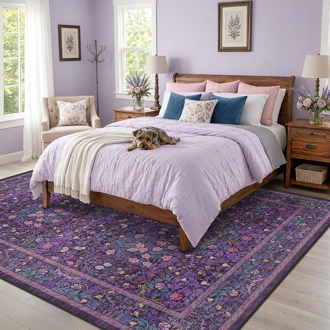Dark Purple Living Room Rug 8x10, Vintage Violet Floral Area Rugs - Image 3