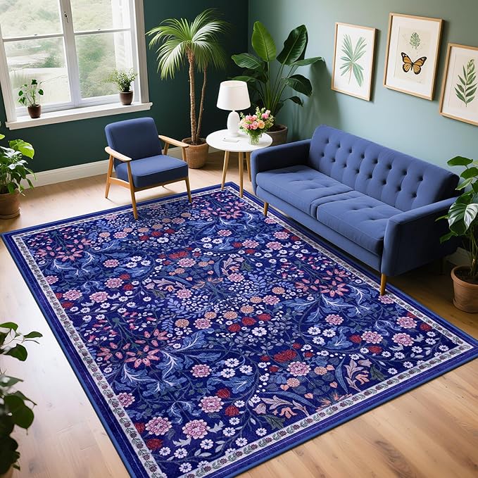 PLHXFR Area Rug Living Room: 5x7 Floral Washable Boho Soft Carpet Blue | by PLHXFRSoftAreaRugs