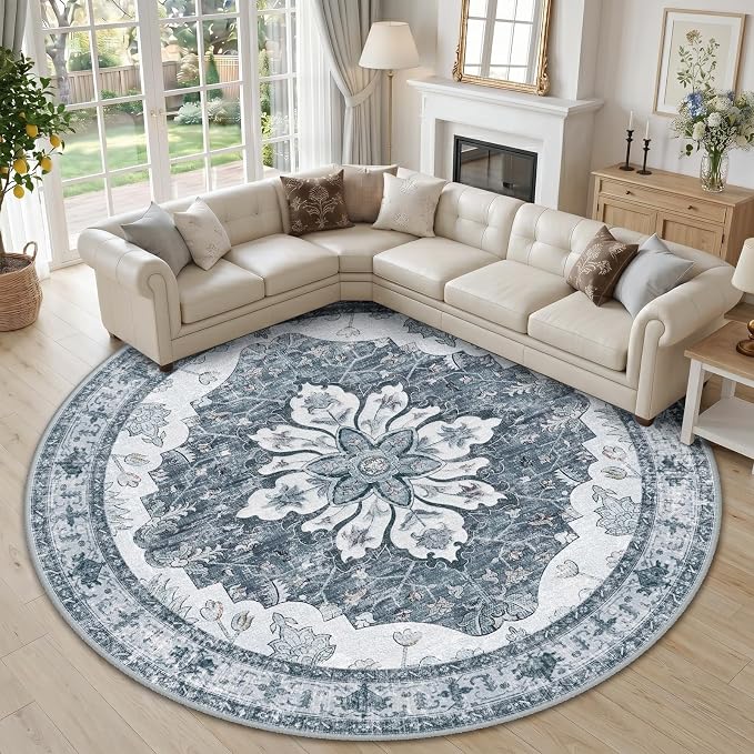 RELEANY Washable Area Rug, Round 10ft, Water Repellent, Pet Friendly, Vintage by RELEANY