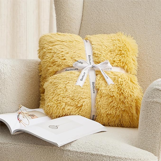 Bedsure GentleSoft Fluffy Yellow Blankets Queen Size - Image 7