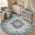 RELEANY Washable Area Rug, Round 5ft, Teal Green/White/Navy | Non-Slip by RELEANY