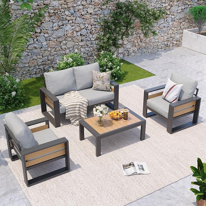 Aoxun Aluminum Patio Furniture Set, 4 Seats Luxury Metal Patio Conversation Sets by Aoxun