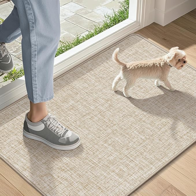 Ultra Thin Indoor Door Mat 17"x29", Non Slip Door Mat, Khaki | Low-Profile by LEKEEPGO
